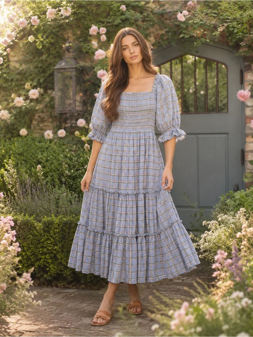 Ivy City Co Madeline Dress Light Blue Plaid Smocked Midi S